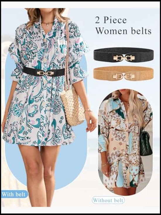 2 Pack Elastic Straw Belts with Metal Buckle Boho Braided for Dresses main image 5